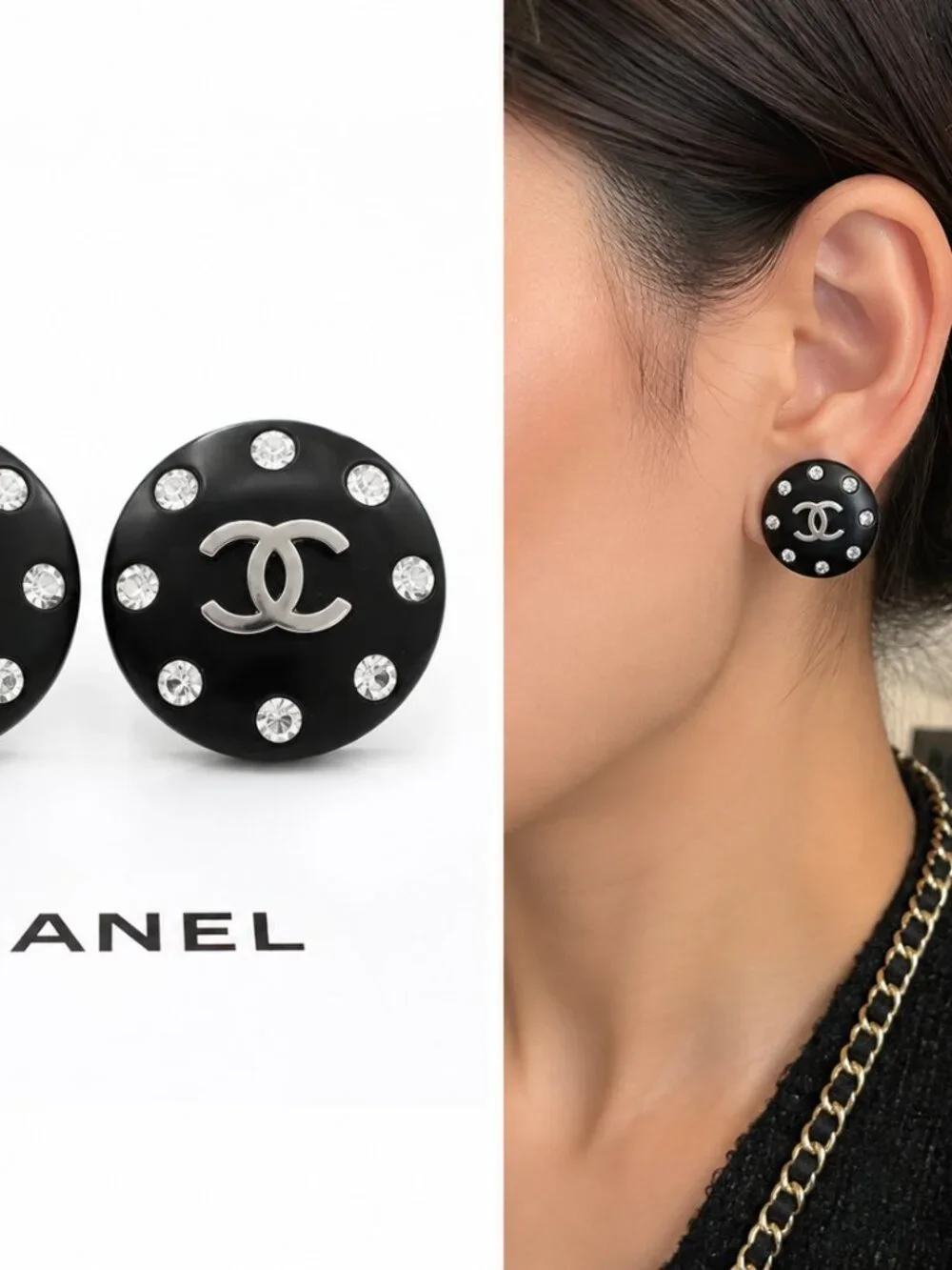 CHANEL Vintage 1996 96P Coco Mark Rhinestone CC Round Clip-On Earrings